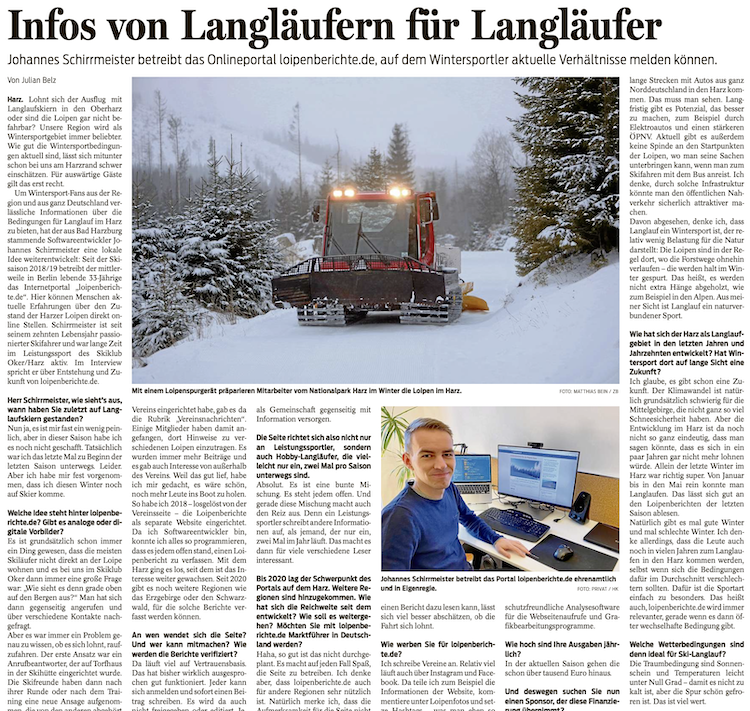 Abdruck eines Interviews mit Johannes im Harzkurier
